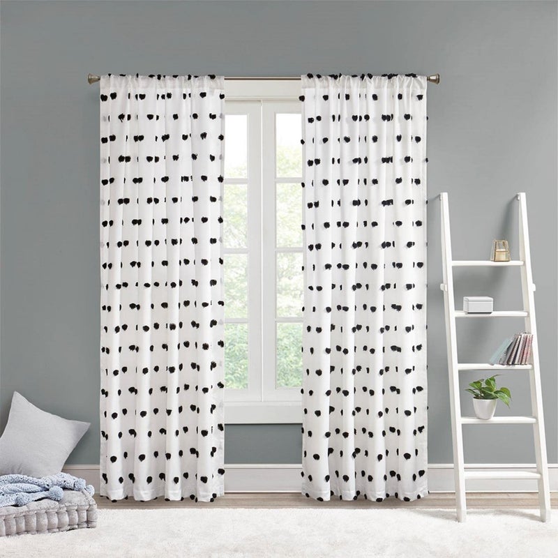 Intelligent Design Sophie Single Window Curtain Panel Clipped Pompom Embelished Privacy Drape with Rod Pocket for Bedroom, Livingroom, 50" x 84", Black - Image 2